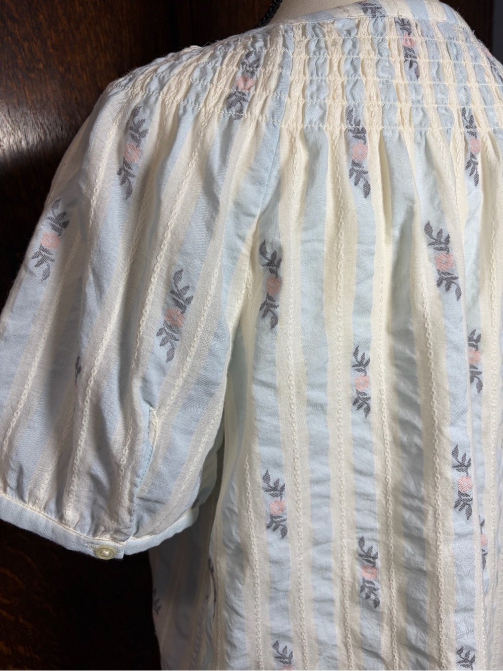 Loft Light Blue Striped Puff-Sleeve Women's Button 100% Cotton Top - Picture 6 of 8